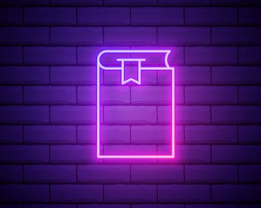 Parlayan neon çizgi Kitap simgesi tuğla duvar arka planında izole edildi. Renkli taslak konsepti. Vektör.