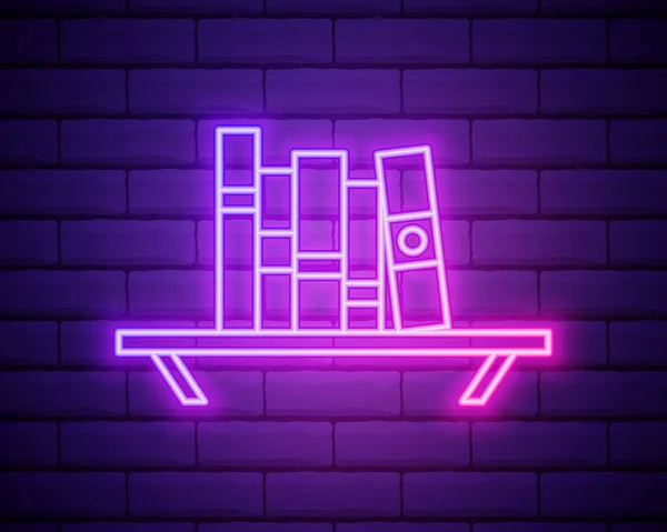 棚ネオンサインの本 棚の上に列に様々なカラフルな 夜の明るい広告 レンガの壁の背景に隔離された文学や図書館のためのネオンスタイルのベクトルイラスト — ストックベクタ
