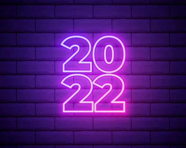 2022 neon levha. - Mutlu yıllar. Koyu tuğlalı duvarda gerçekçi pembe neon sayılar. Neon doğrusal tarzında vektör 2022