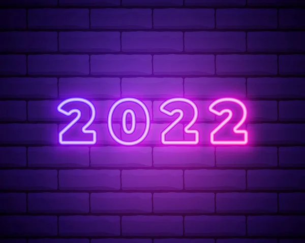 2022年的霓虹灯招牌 新年快乐 现实的粉红霓虹灯数字在黑暗的砖墙上 霓虹灯线性风格的2022年矢量 — 图库矢量图片