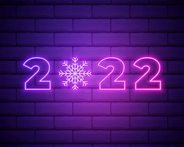 2022 neon levha. - Mutlu yıllar. Koyu tuğlalı duvarda gerçekçi pembe neon sayılar. Neon doğrusal tarzında vektör 2022