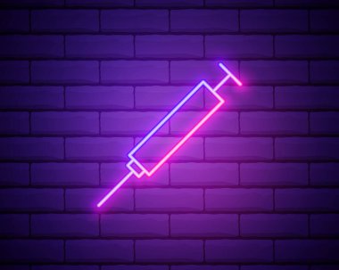 Şırınga neon ikonu. Bilimsel elementler ayarlandı. Tuğla duvara izole edilmiş web siteleri, web tasarımı, mobil uygulama ve bilgi grafikleri için basit simge