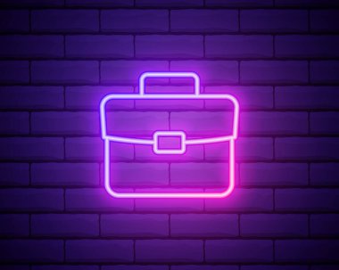 Portföy çizimi neon ikonu. Tuğla duvara izole edilmiş basit ince çizgi, ui ve ux için eğitim simgelerinin ana hatları vektörü, web sitesi veya mobil uygulama