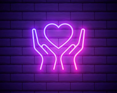 Eller neon ışığı tutuyor. Tıp ve sağlık hizmetleri kavramı. Reklam tasarımı. Gece lambası tabelası, renkli reklam panosu, açık renk pano. Neon biçiminde vektör illüstrasyonu.