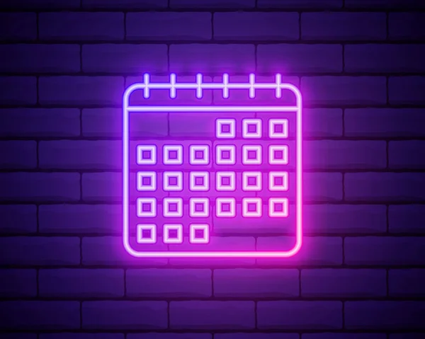 Zářící Neon Kalendář Ikona Izolované Cihlovou Zeď Pozadí Vektorové Ilustrace — Stockový vektor