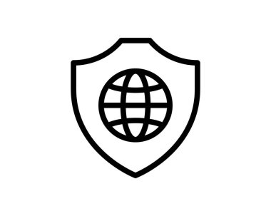 Küresel ağ güvenlik çizgisi simgesi. Mobil konsept ve web tasarımı için dünya koruma çizgisel işareti. Küre ve kalkan ana vektör simgesi. Sembol, logo çizimi. Vektör grafikleri.
