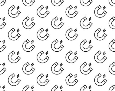 Siyah Mıknatıs simgesi beyaz zeminde izole edilmiş kusursuz desen. At nalı mıknatısı, manyetizma, manyetizma, çekim. Vektör İllüstrasyonu.