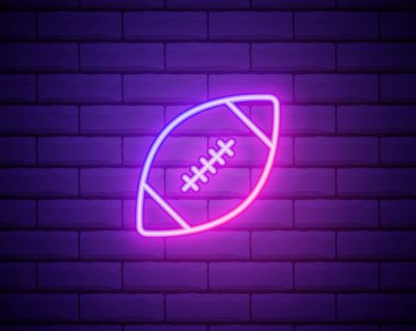 Amerikan futbolu, rugby topu, spor logosu. Duvarda pembe neon bir arka plan. Düzenlenebilir vuruşlu hafif doğrusal simge.