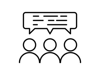 İnce çizgi takım çalışması ikonu, sanal giysi odası ya da sohbet odası gibi. Basit bir anahat trend modern düşünce logotip grafik çizgi vuruşu sanat tasarımı beyaza izole edilmiş. Konuşma baloncuğu olan üç kişi kavramı.