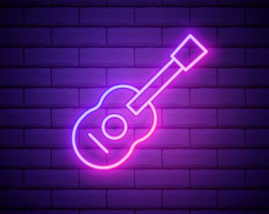Parlayan neon hattı Gitar simgesi tuğla duvar arkasında izole edildi. Akustik gitar. Telli müzik aleti. Vektör İllüstrasyonu.