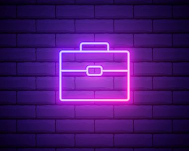 Portföy çizimi neon ikonu. Tuğla duvara izole edilmiş basit ince çizgi, ui ve ux için eğitim simgelerinin ana hatları vektörü, web sitesi veya mobil uygulama