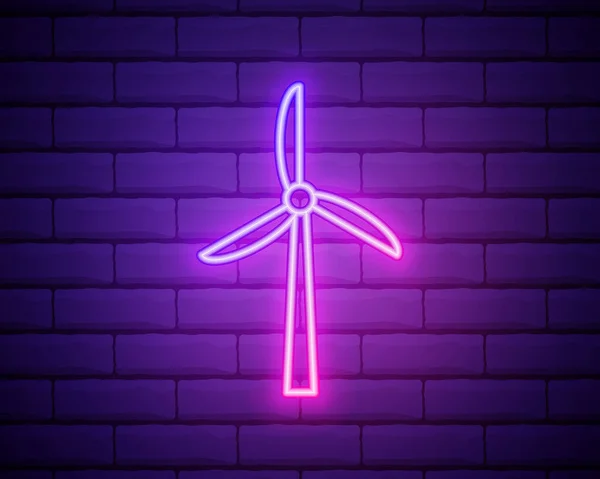 Leuchtende Neon Windturbine Ikone Isoliert Auf Backsteinwand Hintergrund Windgenerator Schild — Stockvektor