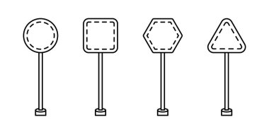 Boş uyarı işareti şablonları ayarlandı. Üçgen, kare veya eşkenar dörtgen, yuvarlak ve dikdörtgen şekiller. Beyaz üzerine siyah ve beyaz renk izole.
