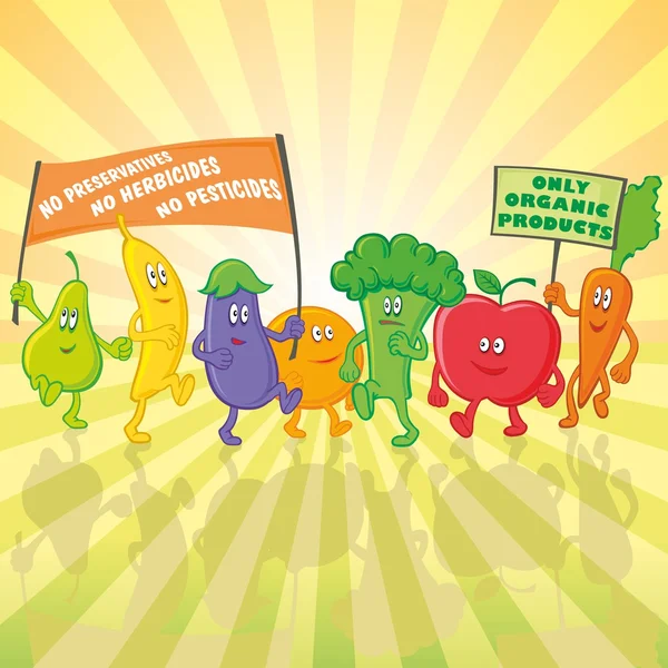 Vegetable and fruit characters parade with posters — Stock Vector