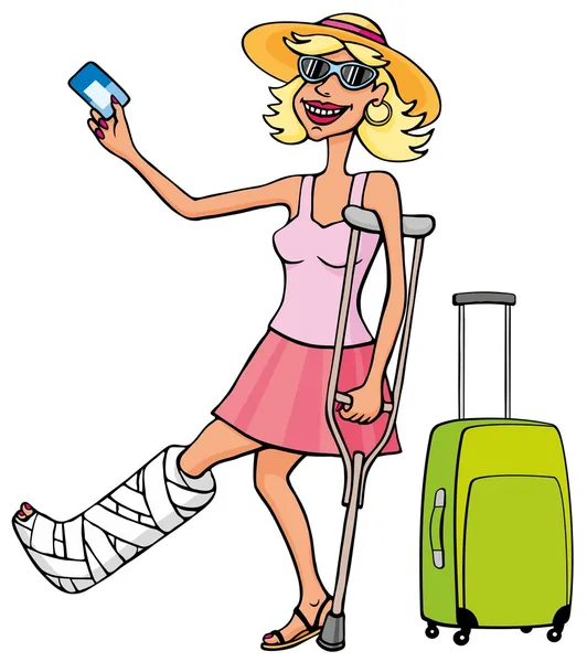 Happy tourist woman with a broken leg and card Royalty Free Stock Illustrations