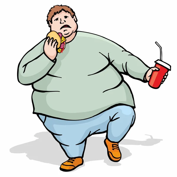 Kövér ember járni és enni — Stock Vector