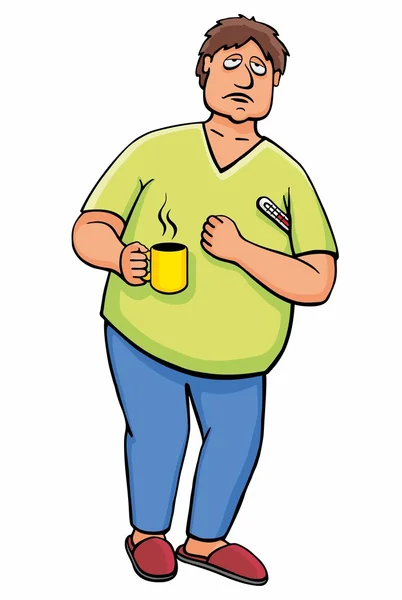 Sick man with cup of hot tea and thermometer Stock Illustration