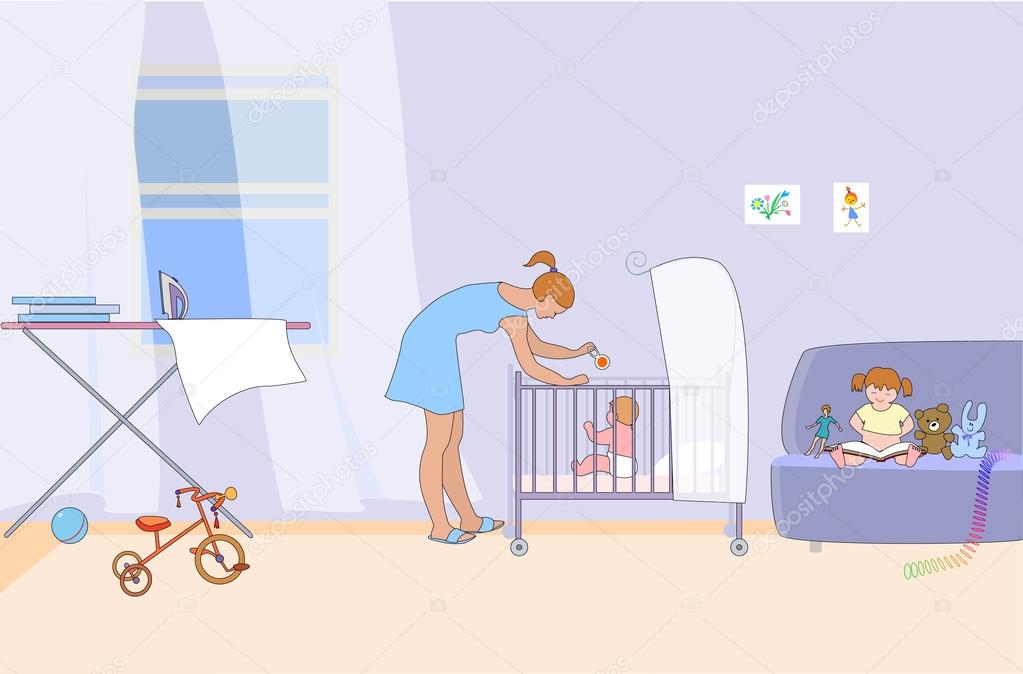 Mamma med tvÃ¥ smÃ¥ barn i heminredning — stock vektor © koro leva ...
