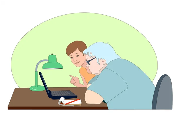 Дівчина показує спантеличену літню жінку як користуватися ноутбуком Ліцензійні Стокові Вектори