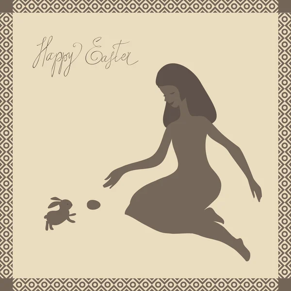 Easter card with girl and rabbit in light-brown colors — Stock Vector