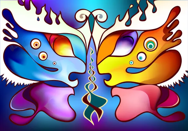 多色蝴蝶翅膀作为两个彼此面对的一半脸 — 图库矢量图片#