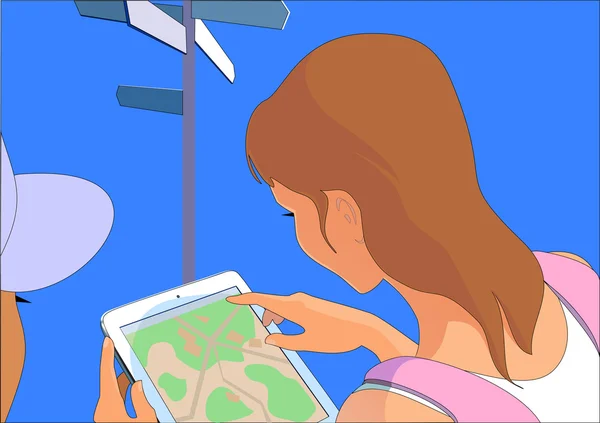 Harita uygulaması bir arada tablet turist kız arıyor — Stok Vektör