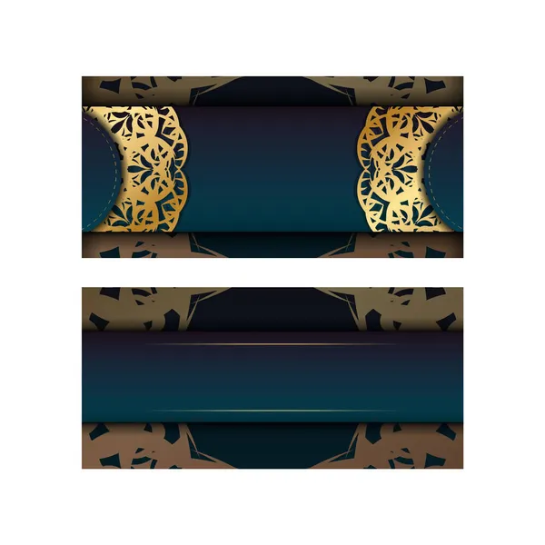 Plantilla Folleto Con Degradado Color Azul Con Patrón Oro Mandala — Vector de stock