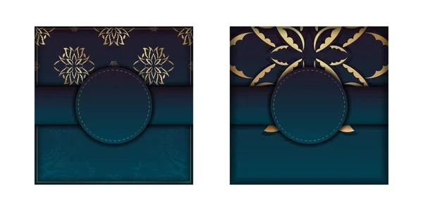 Gradient Blue Gradient Broschüre Vorlage Mit Indian Gold Pattern Druckfertig — Stockvektor