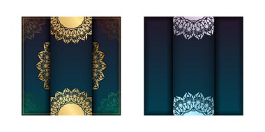 Gradyan mavi eğimli uçucu şablonu basılmaya hazır altın desenli.