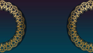 Logo veya metin altında tasarım için mandala altın desenli gradyan mavi renk ile pankart şablonu