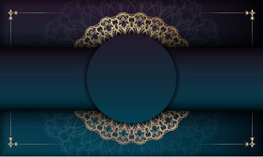 Altın mandala desenli mavi gradyan şablonu ve logo veya metin altında