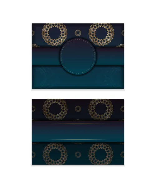あなたのブランドのためのヴィンテージゴールド装飾とグラデーションブルー色のパンフレットテンプレート — ストックベクタ