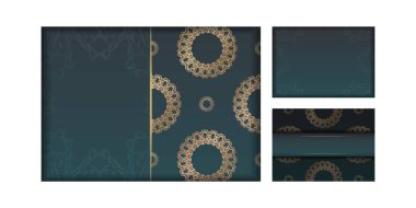 Çizgili yeşil renkli ve soyut altın desenli Flyer şablonu yazdırma için hazırlanıyor.