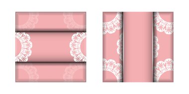 Pembe renkli tebrik uçuşu şablonu ve basım için hazırlanmış klasik beyaz süslemeler.