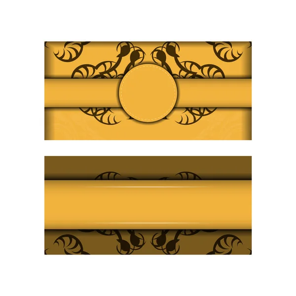 Поздравительная Открытка Желтого Цвета Роскошным Коричневым Узором Подготовленным Типографии — стоковый вектор