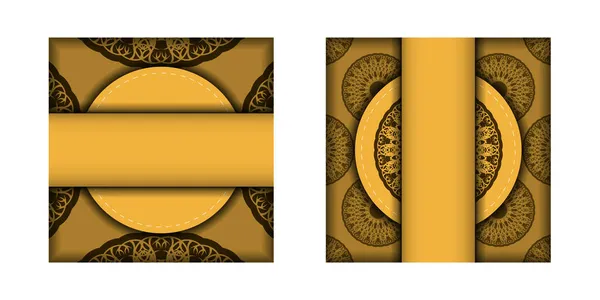 Folleto Felicitación Color Amarillo Con Adorno Marrón Vintage Para Diseño — Vector de stock