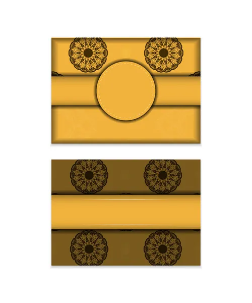 Grußflyer Gelb Mit Braunem Vintage Ornament Für Ihre Marke — Stockvektor