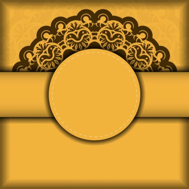 Sarı renkli tebrik broşürü. Tebrik etmek için soyut kahverengi desenli..