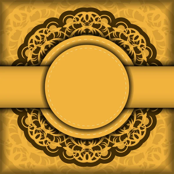 Šablona Pohlednice Žluté Barvě Mandalou Hnědou Ornamentální Úpravou Pro Tisk — Stockový vektor