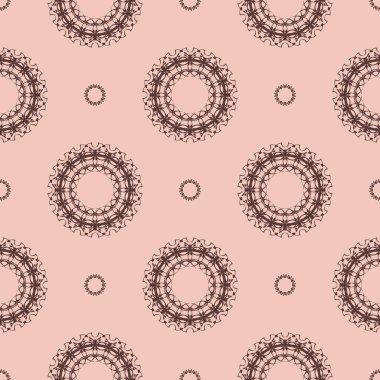 Pembe, dikişsiz desenli süsleme. Tasarım elemanı. Dekoratif bir geçmiş. Enfes bir duvar kağıdı dekoru. Pembe arka planda geleneksel dekor.