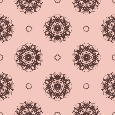 Pembe, dikişsiz desenli süsleme. Tasarım elemanı. Dekoratif bir geçmiş. Enfes bir duvar kağıdı dekoru. Pembe arka planda geleneksel dekor.