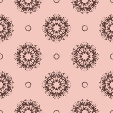 Pembe, dikişsiz desenli süsleme. Tasarım elemanı. Dekoratif bir geçmiş. Enfes bir duvar kağıdı dekoru. Pembe arka planda geleneksel dekor.