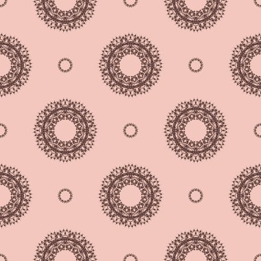 Pembe, dikişsiz desenli süsleme. Tasarım elemanı. Dekoratif bir geçmiş. Enfes bir duvar kağıdı dekoru. Pembe arka planda geleneksel dekor.