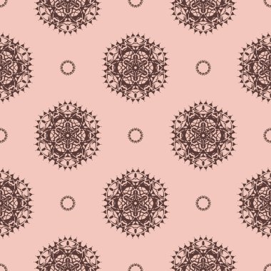 Pembe, dikişsiz desenli süsleme. Tasarım elemanı. Dekoratif bir geçmiş. Enfes bir duvar kağıdı dekoru. Pembe arka planda geleneksel dekor.