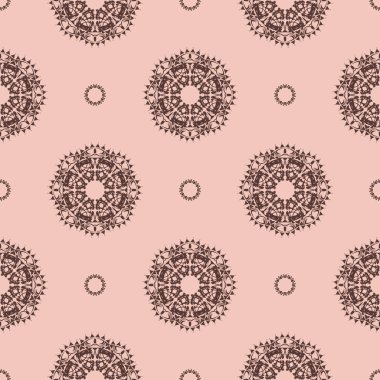 Pembe, dikişsiz desenli süsleme. Tasarım elemanı. Dekoratif bir geçmiş. Enfes bir duvar kağıdı dekoru. Pembe arka planda geleneksel dekor.