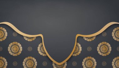 Logo veya metin altında tasarım için mandala altın desenli siyah renk pankart şablonu