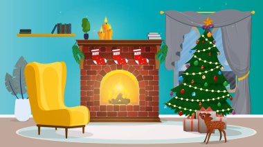 Yeni yıl. Şömineli bir oda, Noel ağacı ve hediyeler. Vektör.