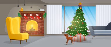 Yeni yıl. Şömineli bir oda, Noel ağacı ve hediyeler. Vektör.