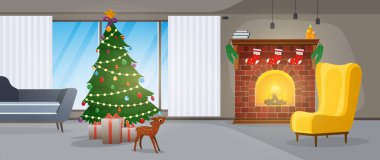 Yeni yıl. Şömineli bir oda, Noel ağacı ve hediyeler. Vektör.