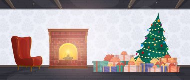 Eski tarz yılbaşı odası. Noel ağacı, hediyeler, şömine, koltuk, eski tarz oda. Vektör.